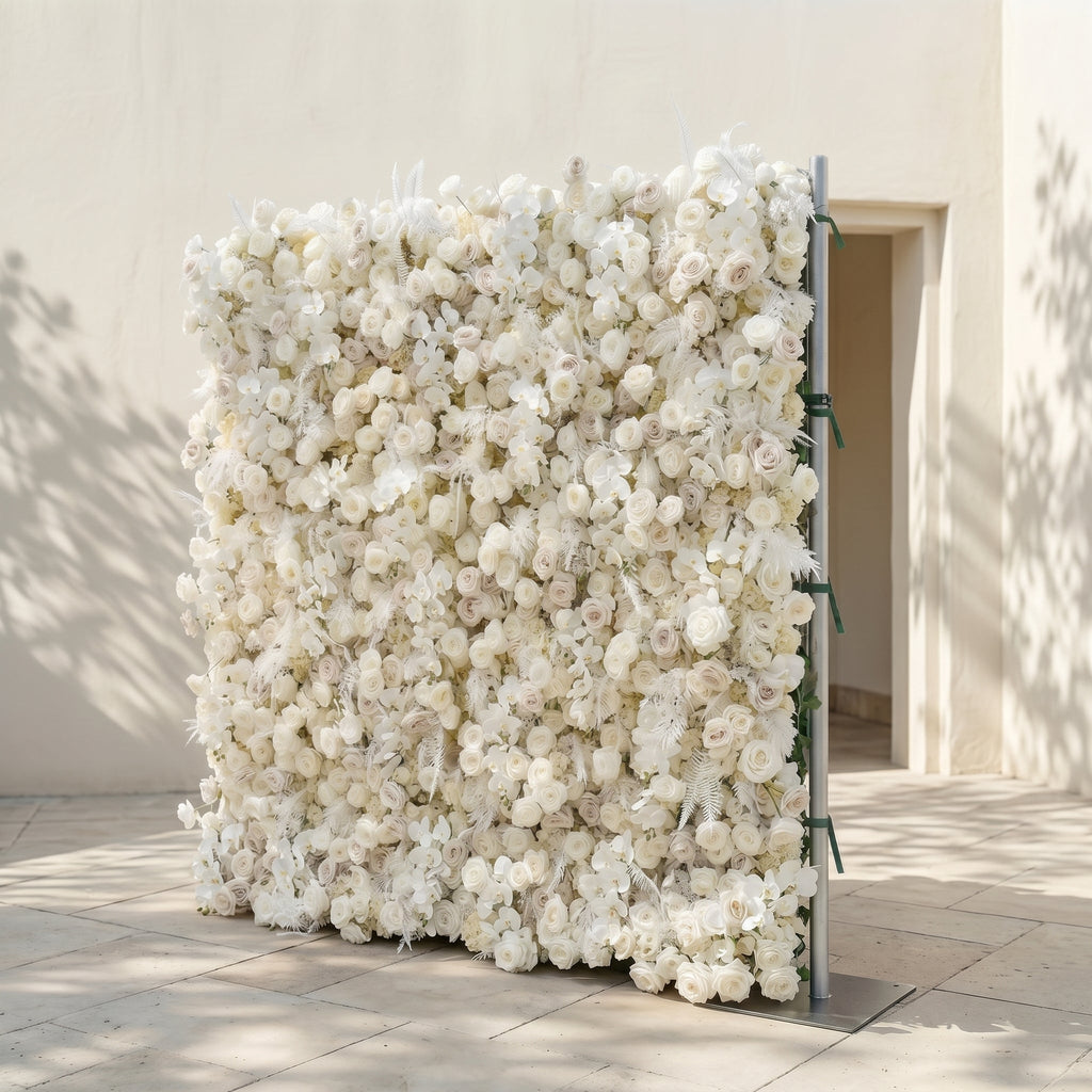 Junbelle:Elegant 5D White Floral Wall with Pampas Grass Accents Roll-Up Backdrop for Whimsical Bridal Showers Free Shipping