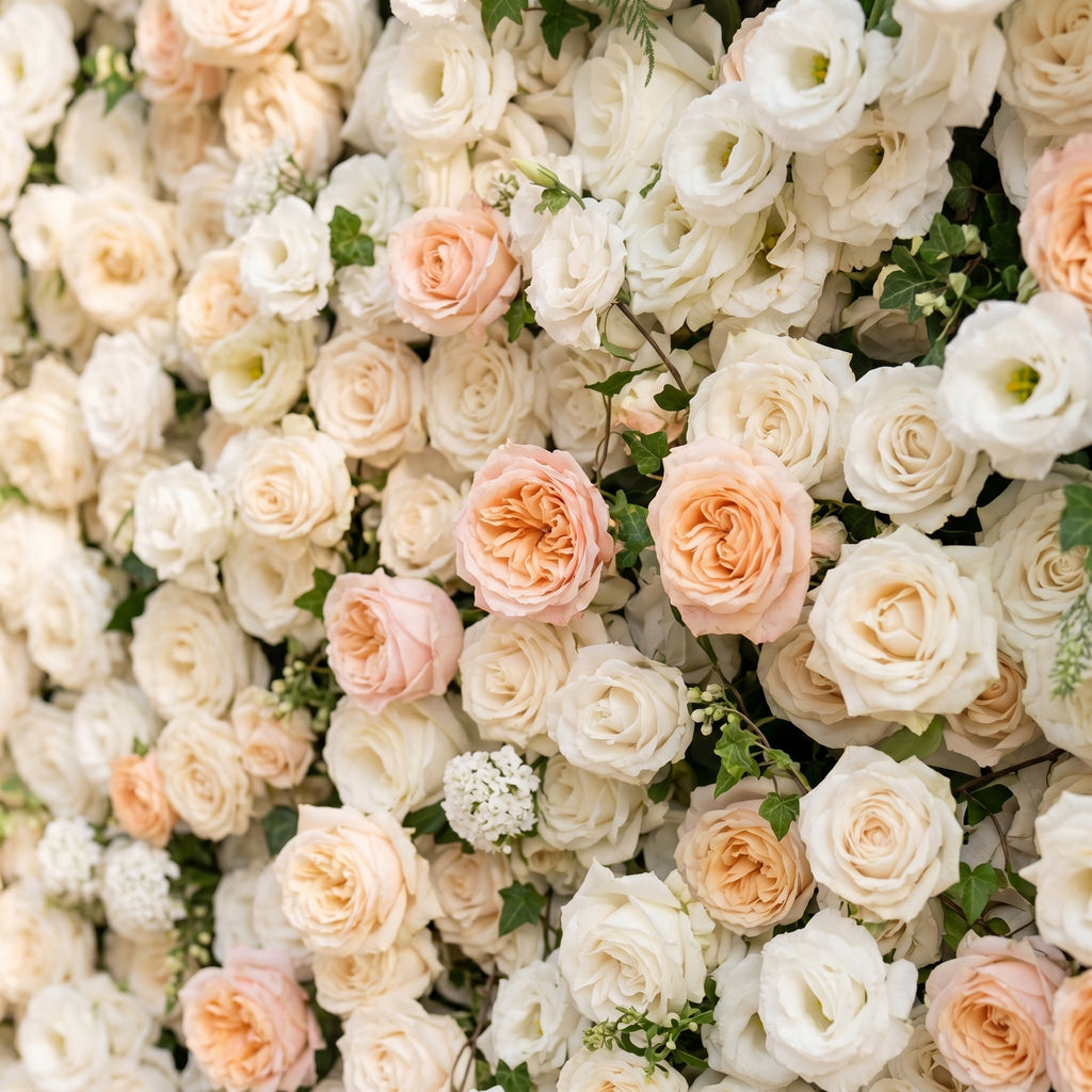 Karellora:5D Cream Ivory White Silk Rose Flower Wall Roll-Up Fabric Backdrop with Soft Peach Accents for Romantic Weddings & Proposals Free Shipping