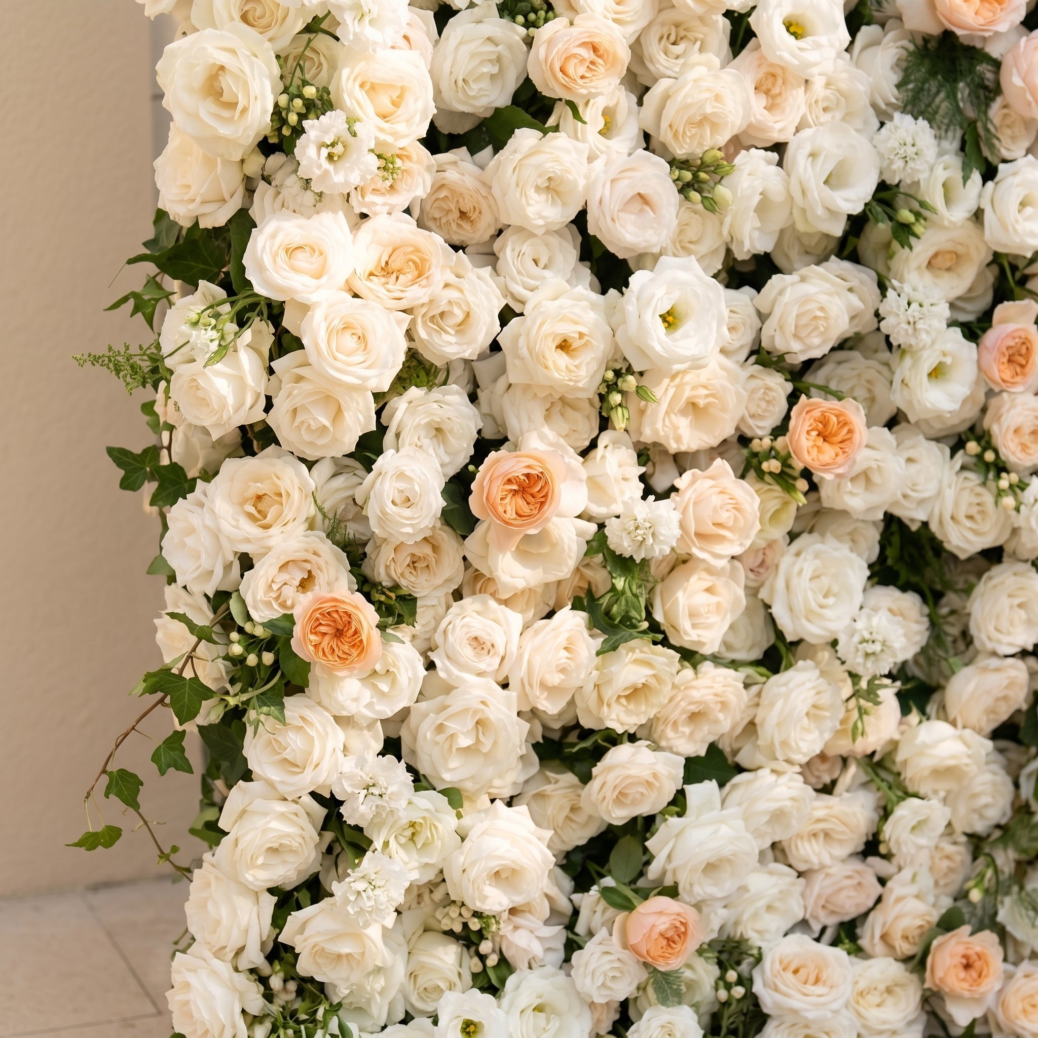 Karellora:5D Cream Ivory White Silk Rose Flower Wall Roll-Up Fabric Backdrop with Soft Peach Accents for Romantic Weddings & Proposals Free Shipping