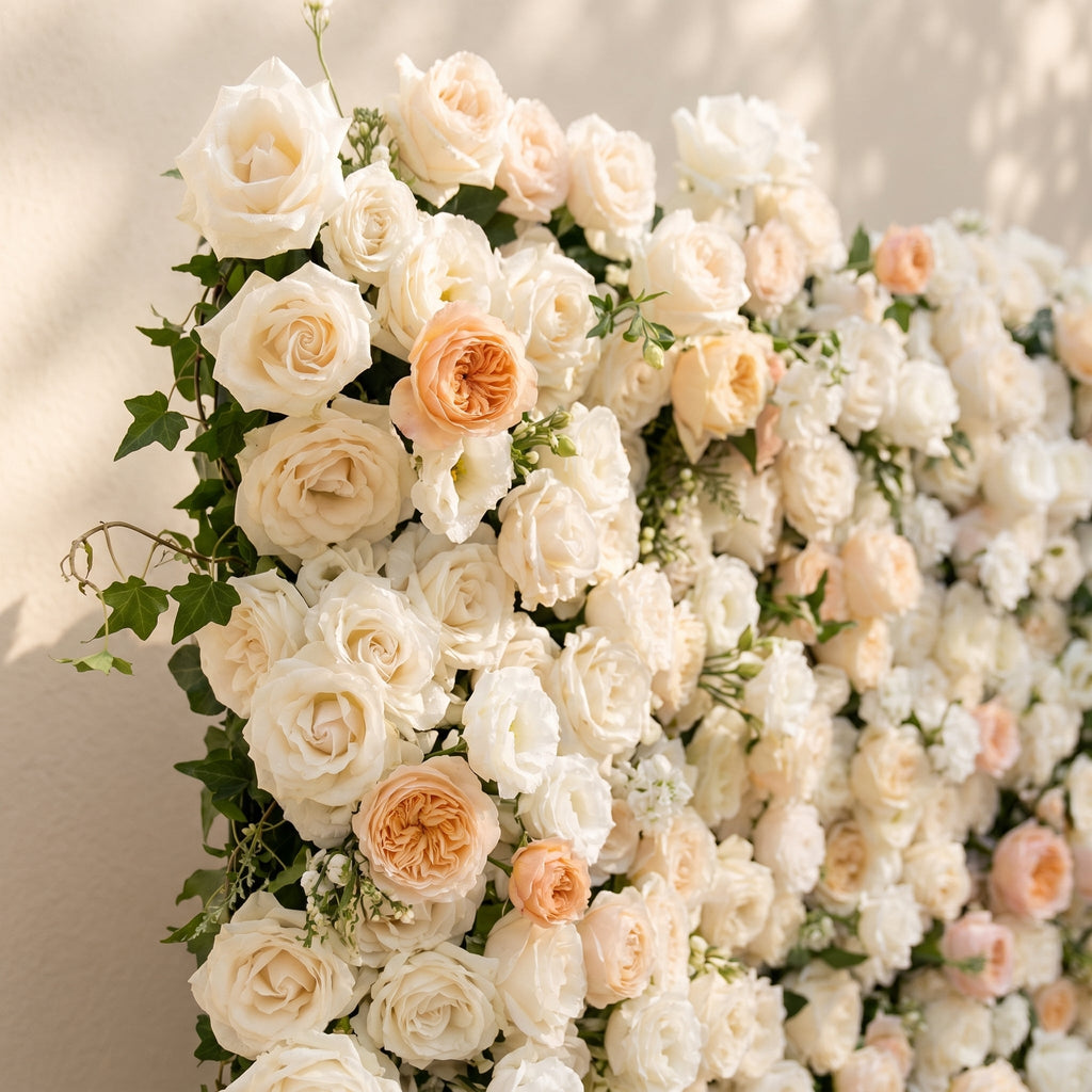 Karellora:5D Cream Ivory White Silk Rose Flower Wall Roll-Up Fabric Backdrop with Soft Peach Accents for Romantic Weddings & Proposals Free Shipping