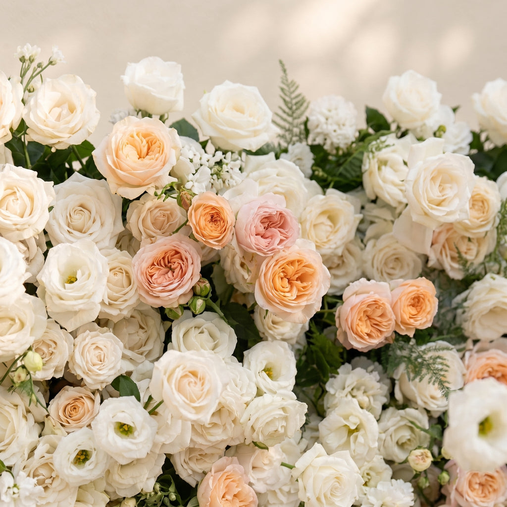 Karellora:5D Cream Ivory White Silk Rose Flower Wall Roll-Up Fabric Backdrop with Soft Peach Accents for Romantic Weddings & Proposals Free Shipping
