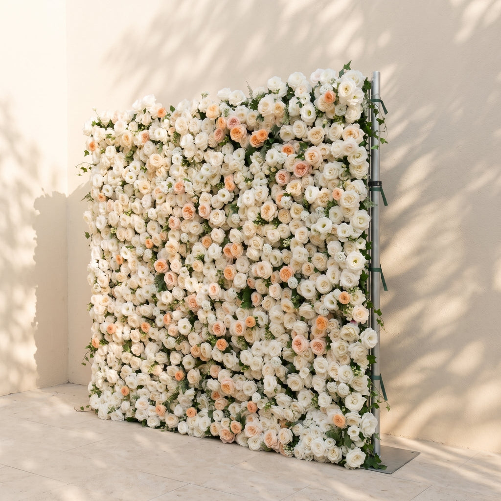 Karellora:5D Cream Ivory White Silk Rose Flower Wall Roll-Up Fabric Backdrop with Soft Peach Accents for Romantic Weddings & Proposals Free Shipping