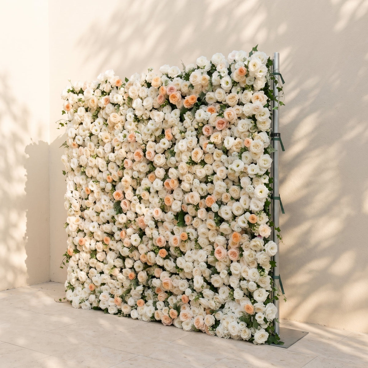 Karellora:5D Cream Ivory White Silk Rose Flower Wall Roll-Up Fabric Backdrop with Soft Peach Accents for Romantic Weddings & Proposals Free Shipping