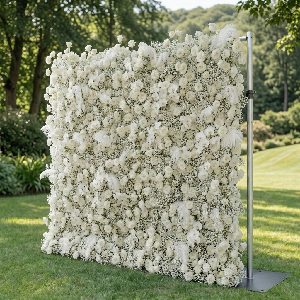 Lachlan: 5D Pure White Baby's Breath & Silk Rose Flower Wall Roll-Up Fabric Backdrop for Dreamy Wedding & Proposal Free Shipping