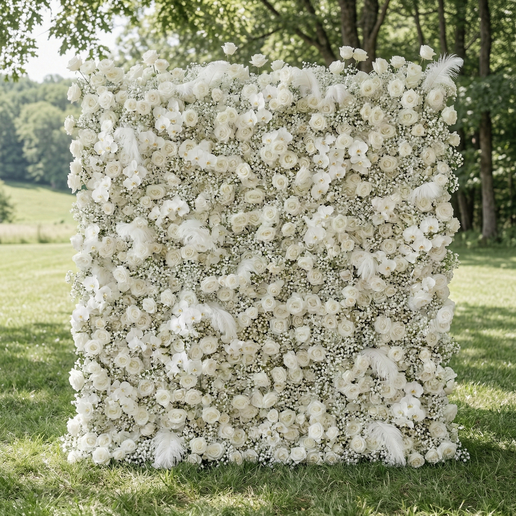 Lachlan: 5D Pure White Baby's Breath & Silk Rose Flower Wall Roll-Up Fabric Backdrop for Dreamy Wedding & Proposal Free Shipping