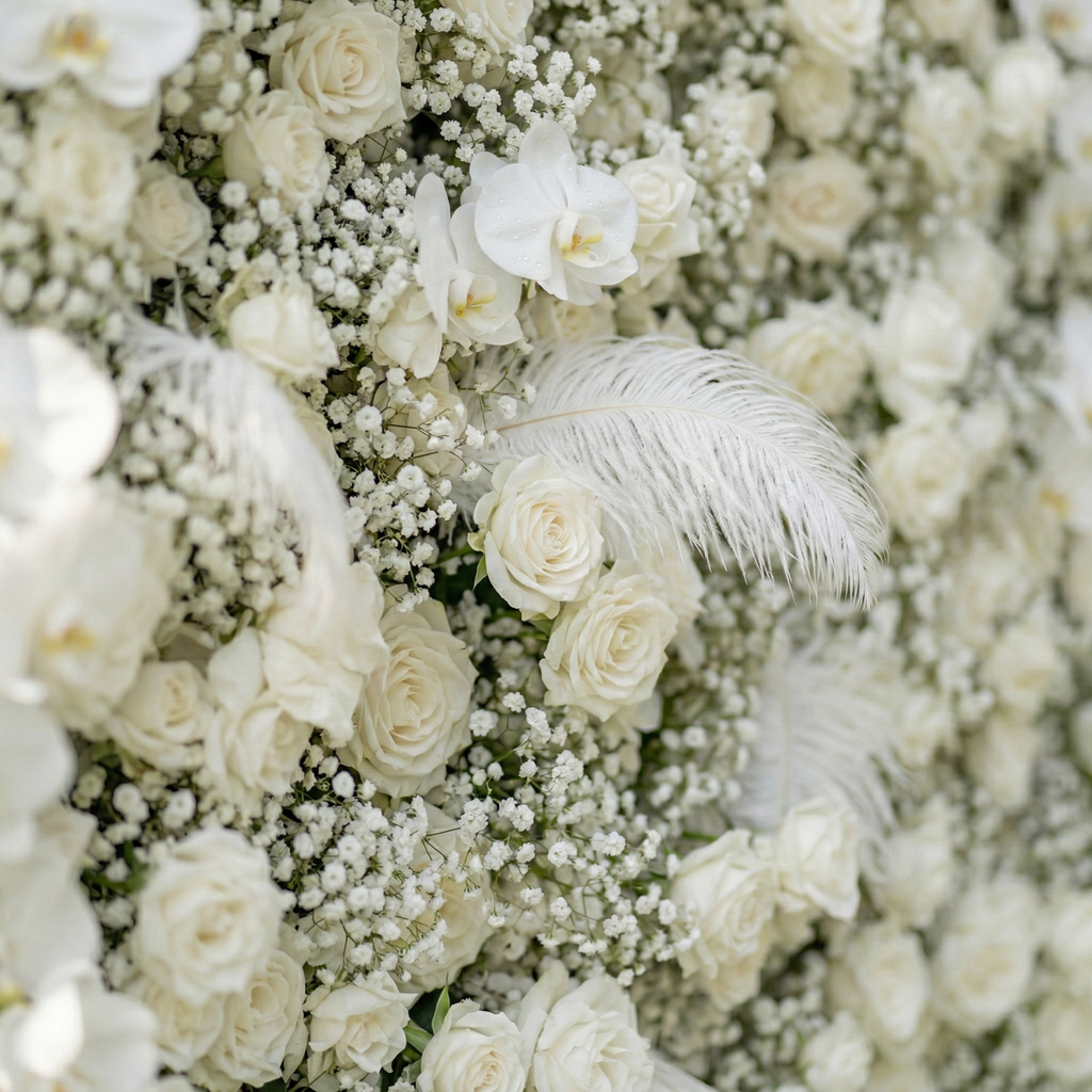Lachlan: 5D Pure White Baby's Breath & Silk Rose Flower Wall Roll-Up Fabric Backdrop for Dreamy Wedding & Proposal Free Shipping