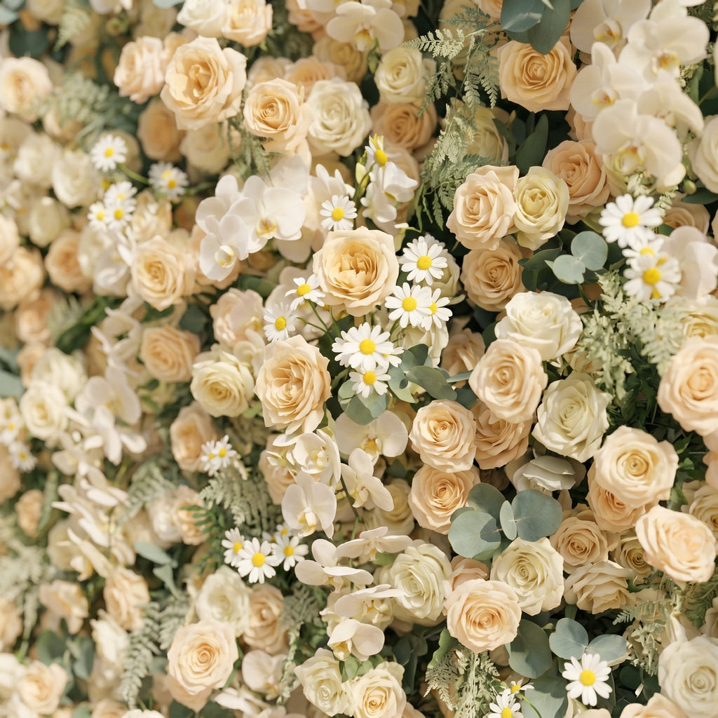 Larena:Luxury 5D Cream & Champagne Silk Floral Wall Roll-Up Backdrop for Timeless Romantic Weddings Free Shipping