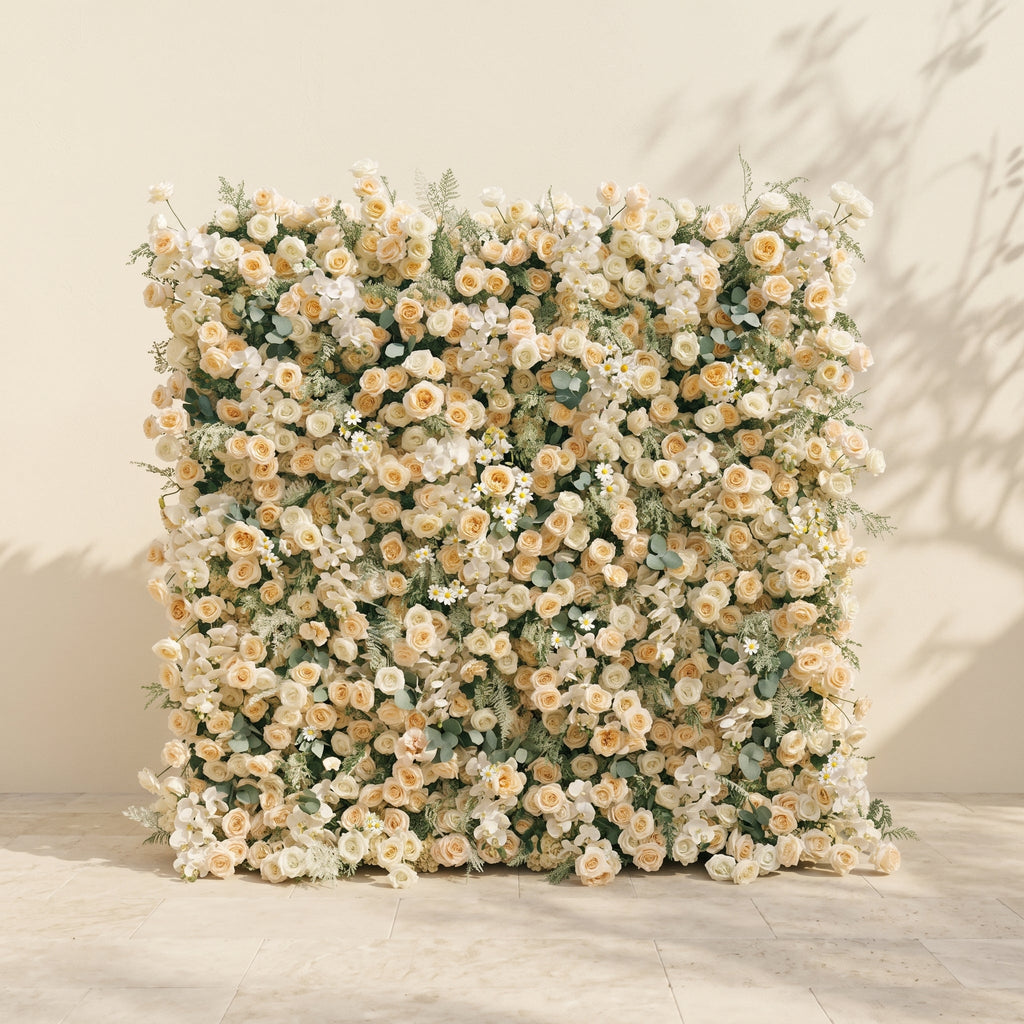 Larena:Luxury 5D Cream & Champagne Silk Floral Wall Roll-Up Backdrop for Timeless Romantic Weddings Free Shipping