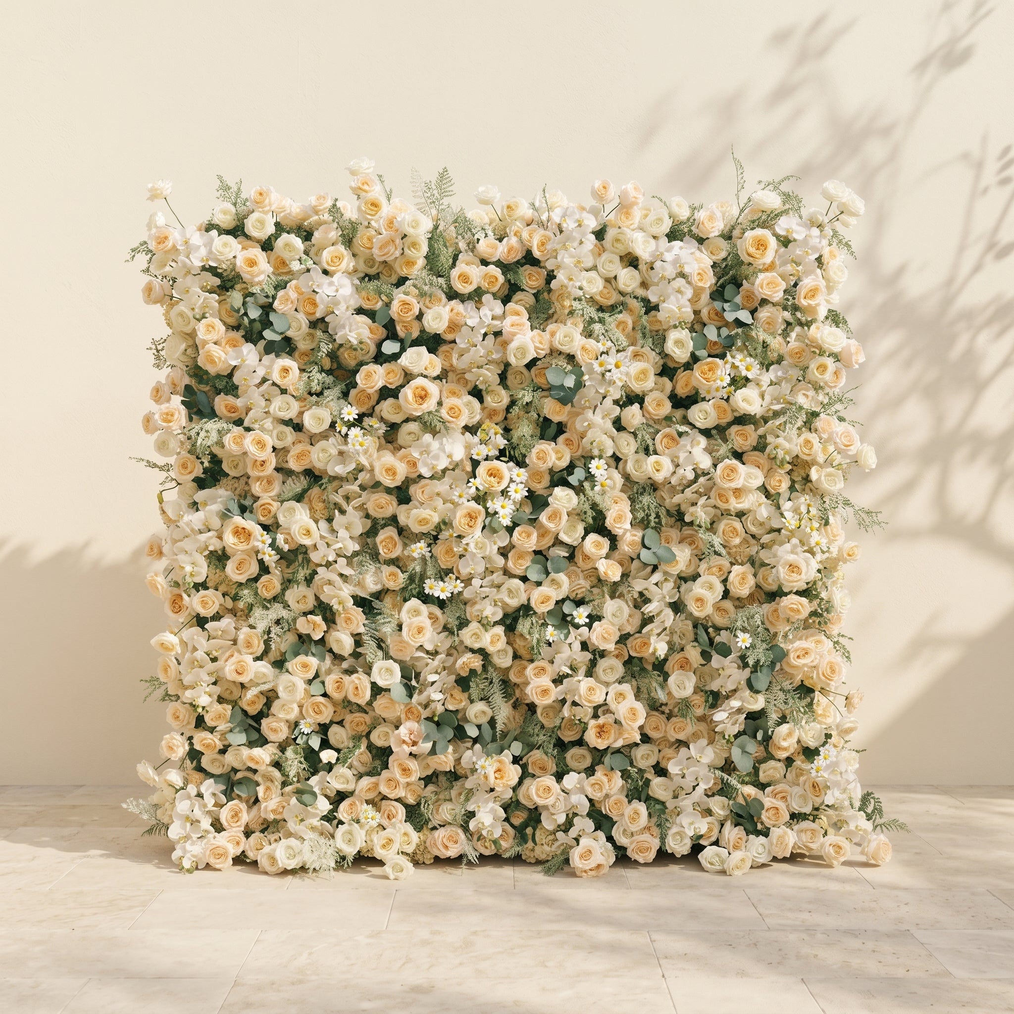 Larena:Luxury 5D Cream & Champagne Silk Floral Wall Roll-Up Backdrop for Timeless Romantic Weddings Free Shipping