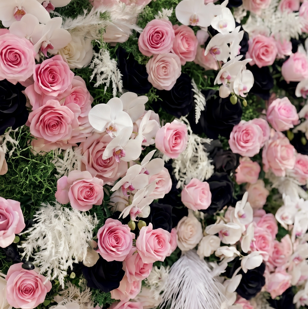 Larorae: Luxury 5D Black & Blush Pink Silk Floral Wall Roll-Up Backdrop for Edgy Romantic Weddings Free Shipping