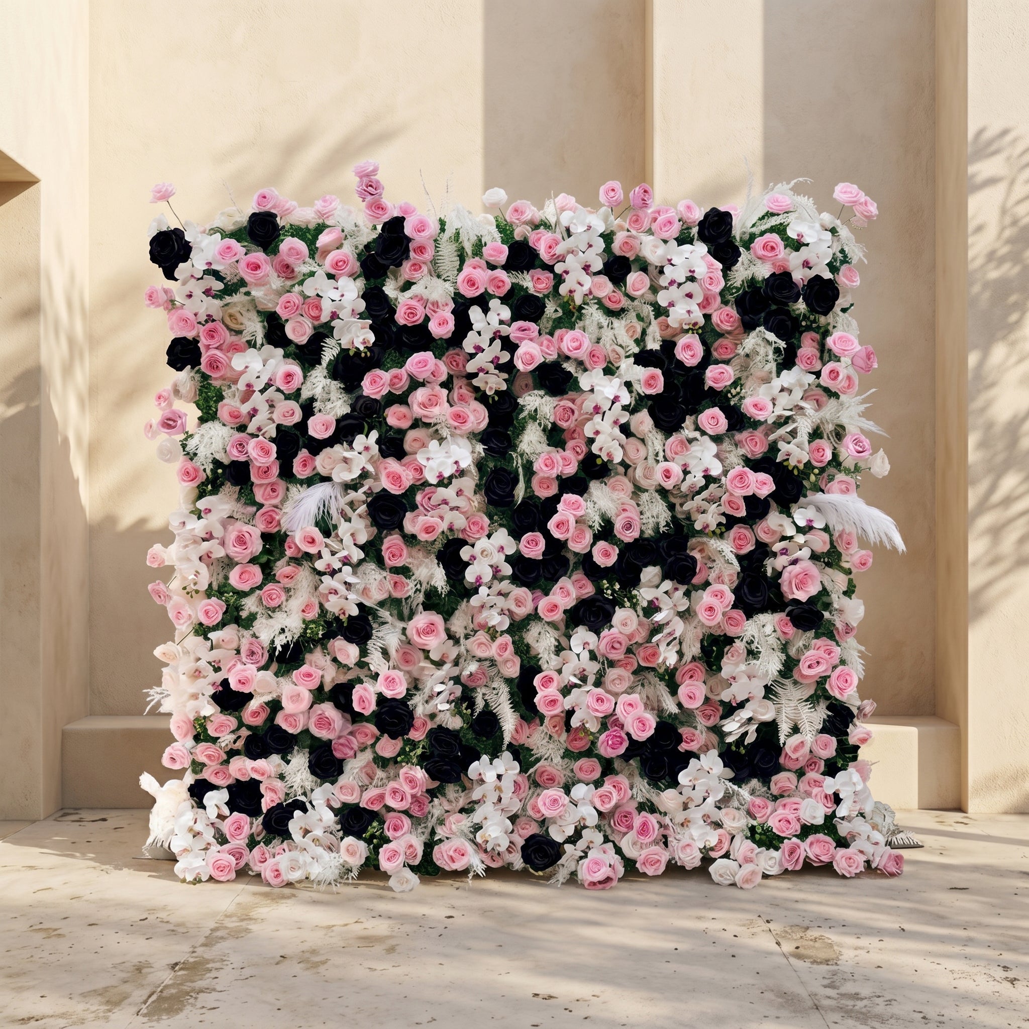 Larorae: Luxury 5D Black & Blush Pink Silk Floral Wall Roll-Up Backdrop for Edgy Romantic Weddings Free Shipping