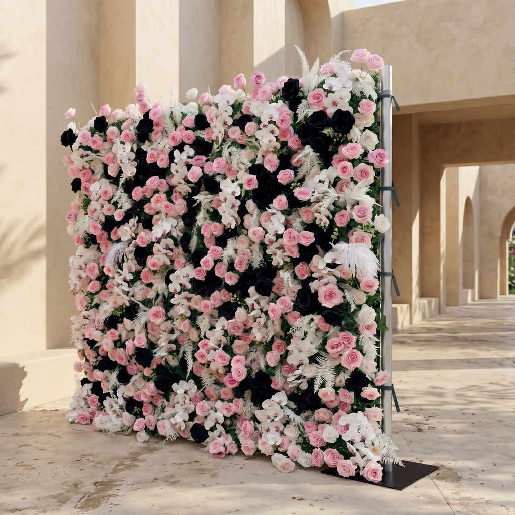 Larorae: Luxury 5D Black & Blush Pink Silk Floral Wall Roll-Up Backdrop for Edgy Romantic Weddings Free Shipping