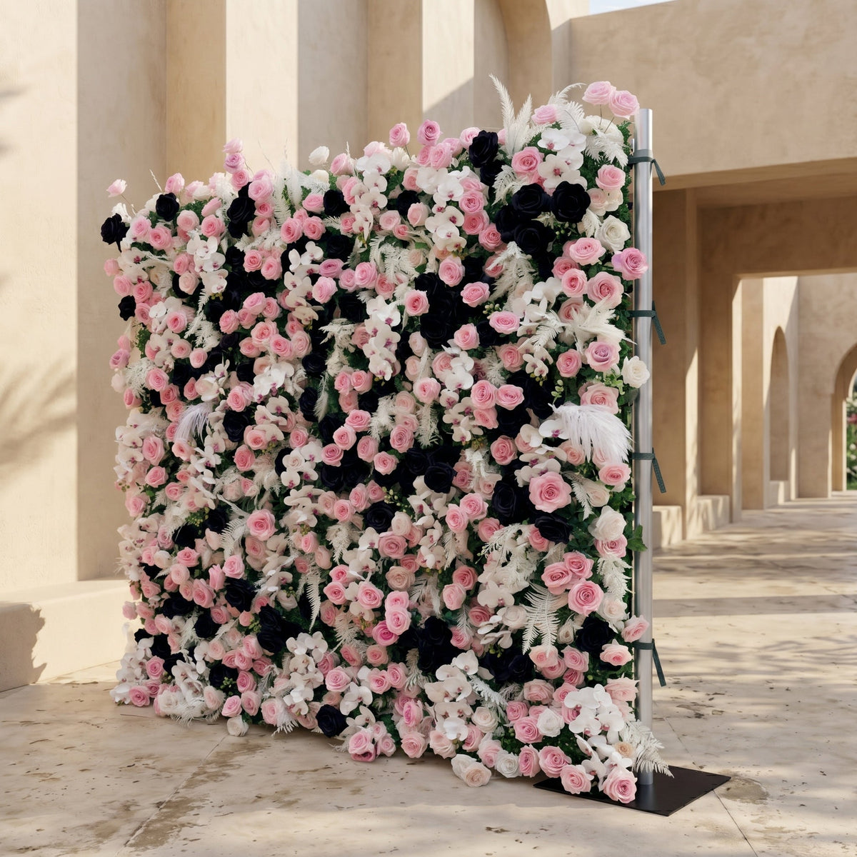 Larorae: Luxury 5D Black & Blush Pink Silk Floral Wall Roll-Up Backdrop for Edgy Romantic Weddings Free Shipping