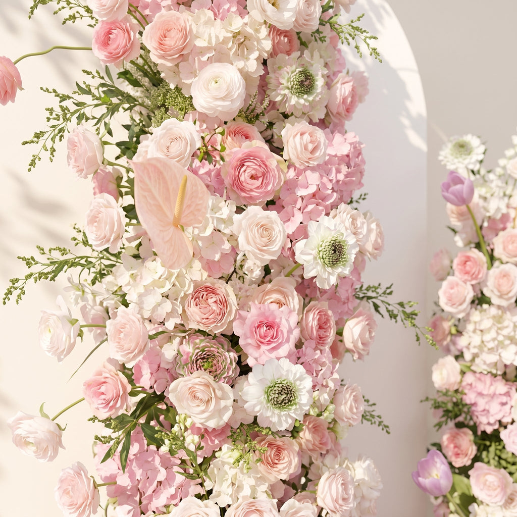 Elettra: Pink Rose Tulip Calla Lily Wedding Background Arch KT Backdrop Decorative Flower Row Excludes Frame