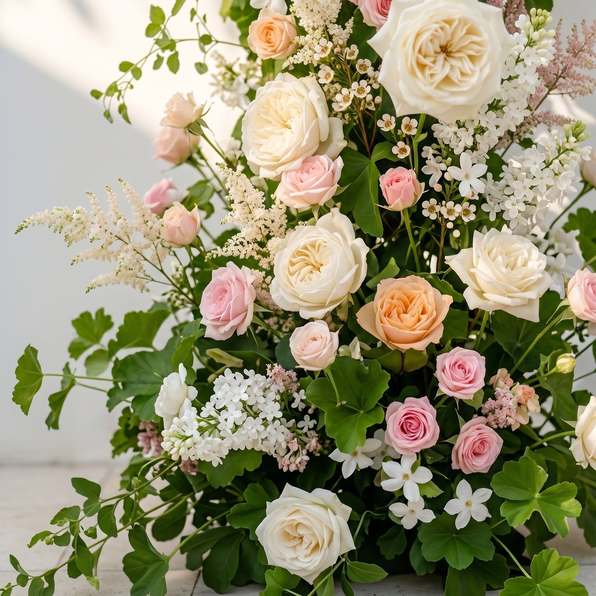 Livyne: Luxury Peach Orange, Ivory White & Blush Pink Silk Floral Ground Horn Arch Arrangement with Soft Astilbe & Lush Cascading Greenery for Romantic Minimalist Weddings & Garden Event Decor Including Frame