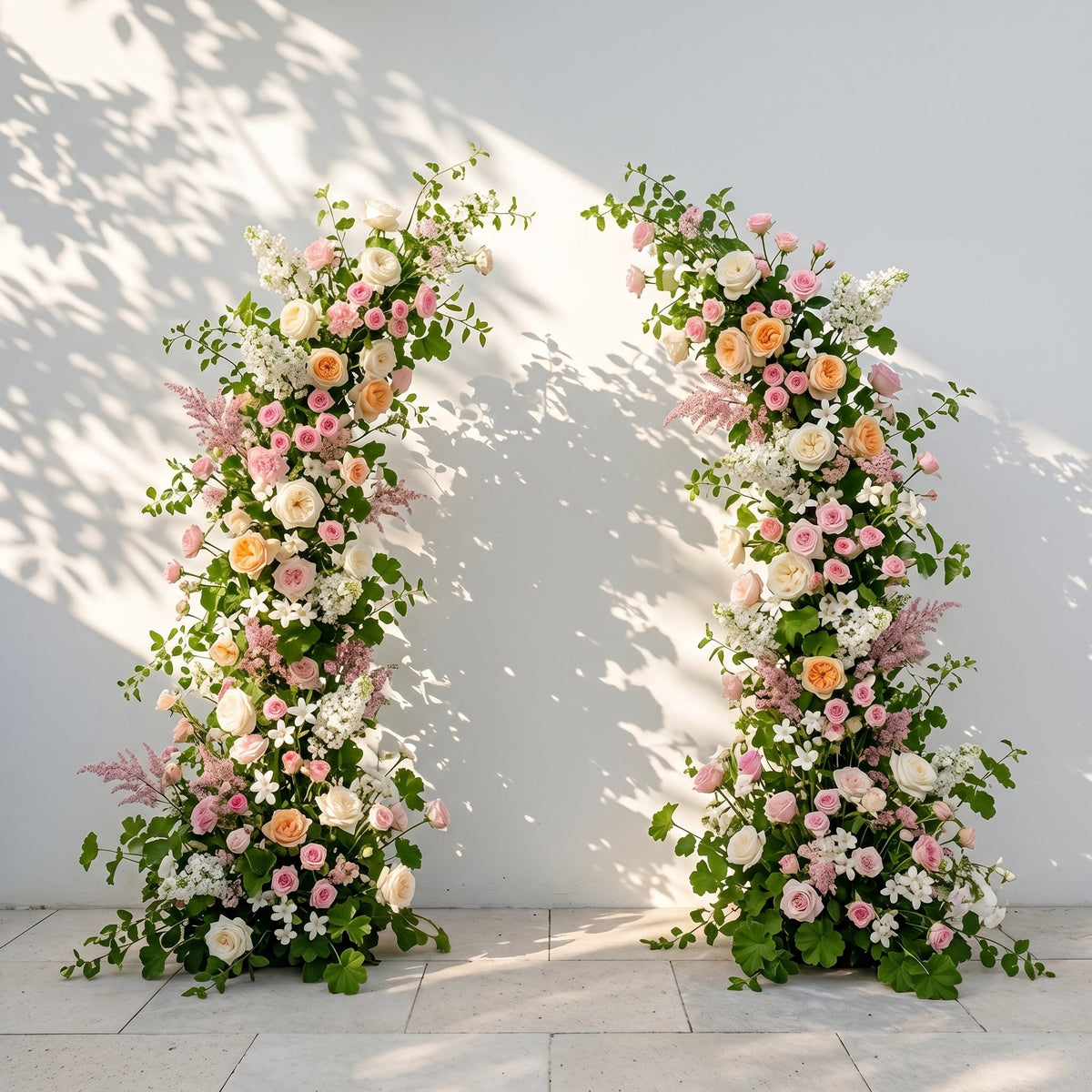 Livyne: Luxury Peach Orange, Ivory White & Blush Pink Silk Floral Ground Horn Arch Arrangement with Soft Astilbe & Lush Cascading Greenery for Romantic Minimalist Weddings & Garden Event Decor Including Frame