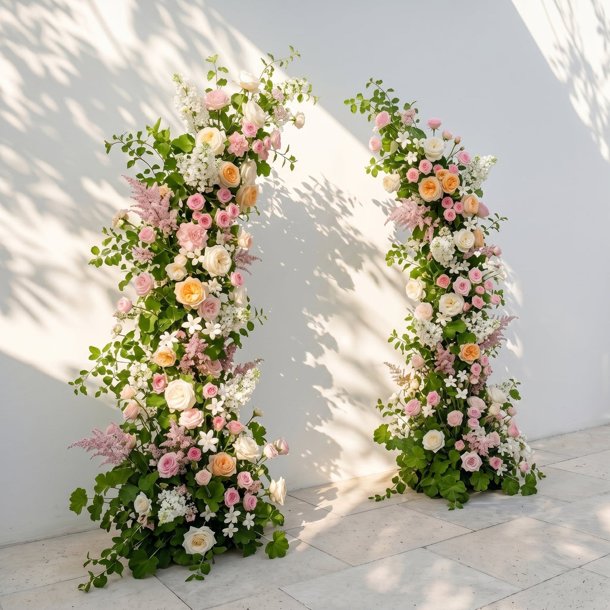 Livyne: Luxury Peach Orange, Ivory White & Blush Pink Silk Floral Ground Horn Arch Arrangement with Soft Astilbe & Lush Cascading Greenery for Romantic Minimalist Weddings & Garden Event Decor Including Frame