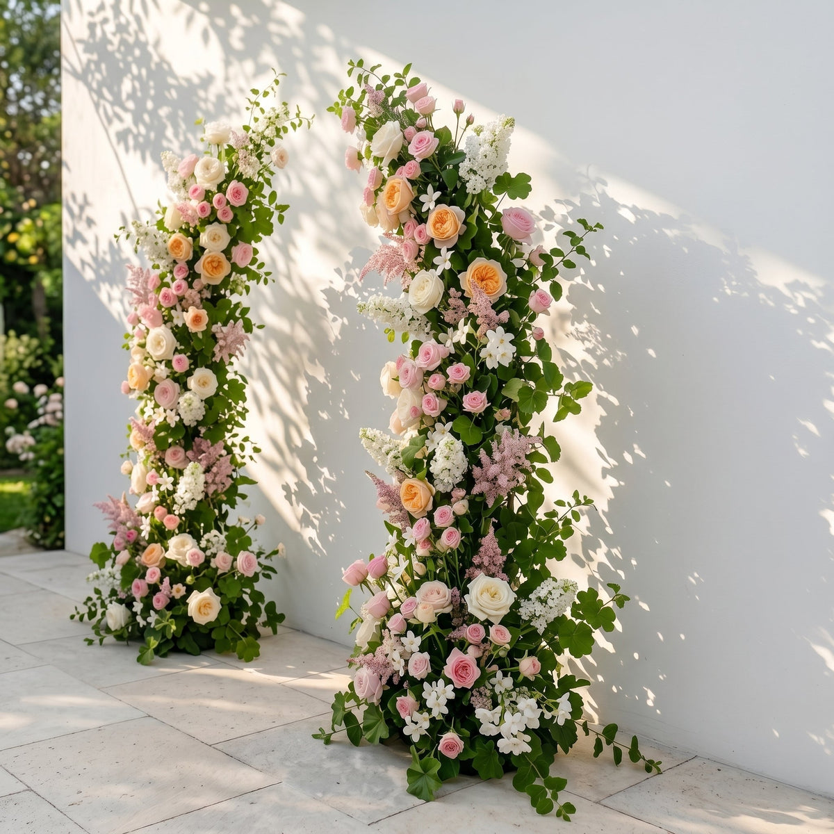 Livyne: Luxury Peach Orange, Ivory White & Blush Pink Silk Floral Ground Horn Arch Arrangement with Soft Astilbe & Lush Cascading Greenery for Romantic Minimalist Weddings & Garden Event Decor Including Frame