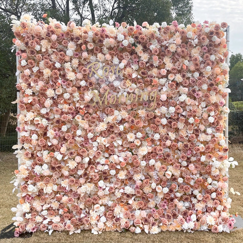Lynn：5D Golden Fabric Artificial rolling up curtain flower wall Free Shipping
