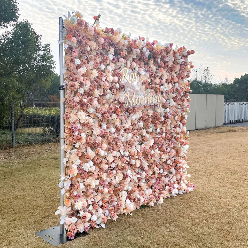 Lynn：5D Golden Fabric Artificial rolling up curtain flower wall Free Shipping