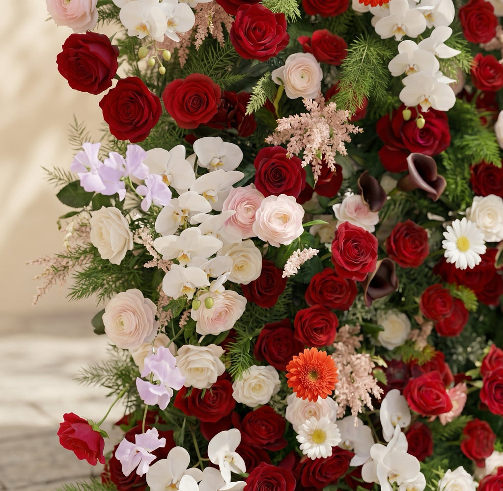 Maelelia: Premium 4D Crimson Rose & White Daisy Silk Flower Wall with Botanical Textures for Bold Branding Events Free Shipping