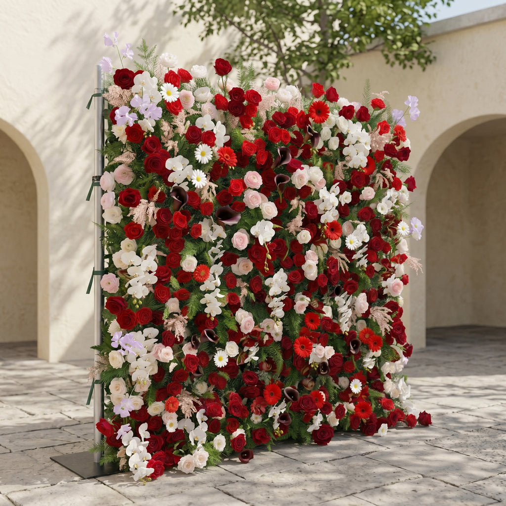 Maelelia: Premium 4D Crimson Rose & White Daisy Silk Flower Wall with Botanical Textures for Bold Branding Events Free Shipping