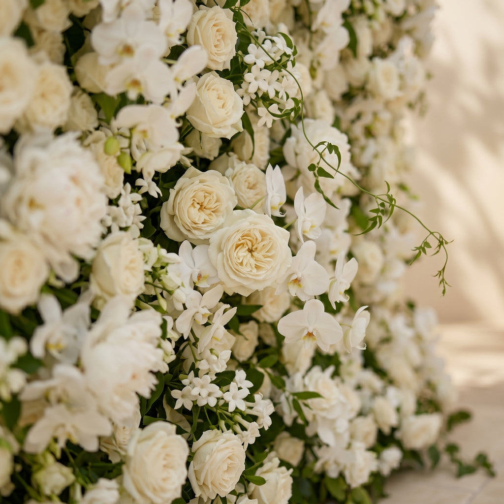 Maelette:Classic and Luxury 5D White Roses Flower Wall with Greenery for Weddings&Event Decor maelette detail 2
