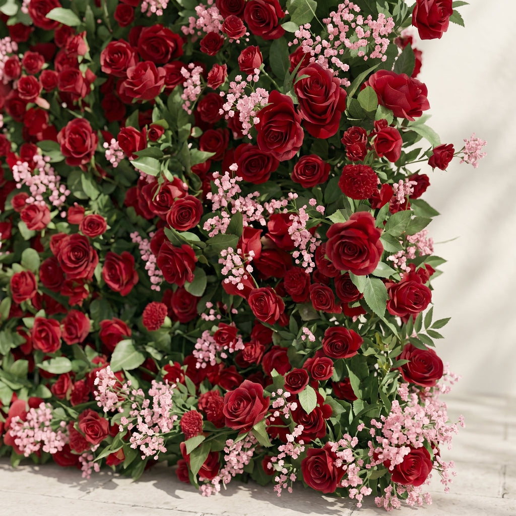 Maelmora: New Luxury 3D Red Roses Flower Wall with pink babybreath for Weddings&Event Decor maelmora detail 3