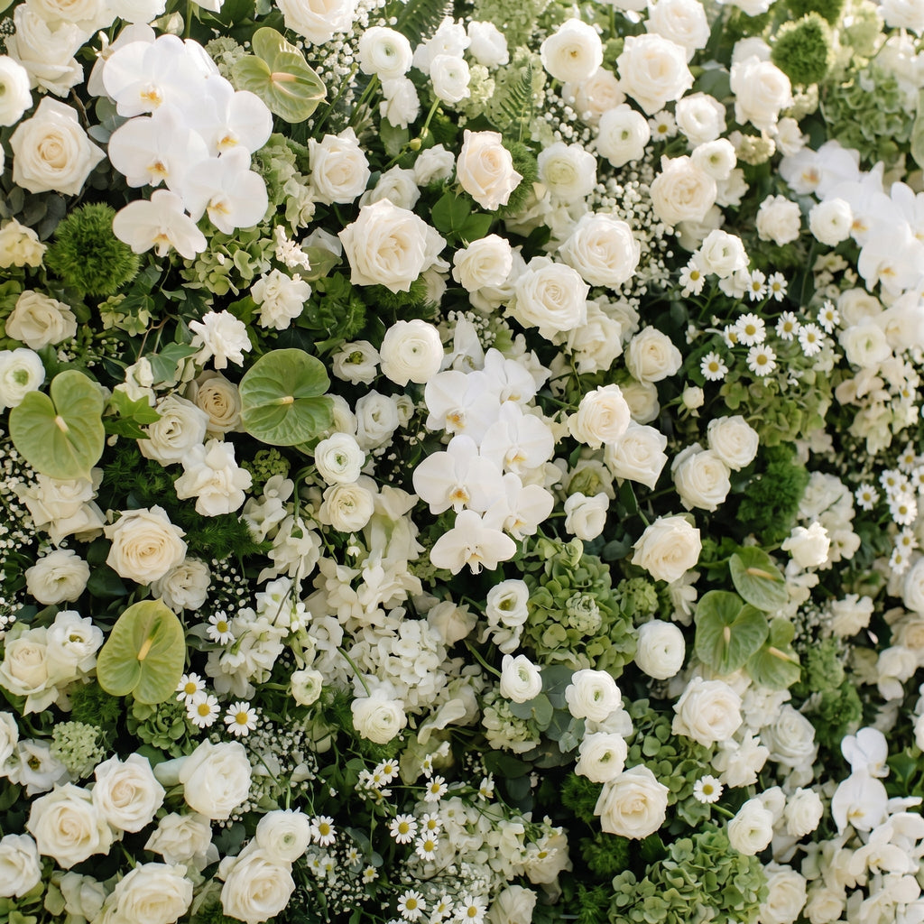 Marellina:5D Green & Ivory White Silk Rose Flower Wall Roll-Up Fabric Backdrop for Romantic Weddings & Proposals Free Shipping