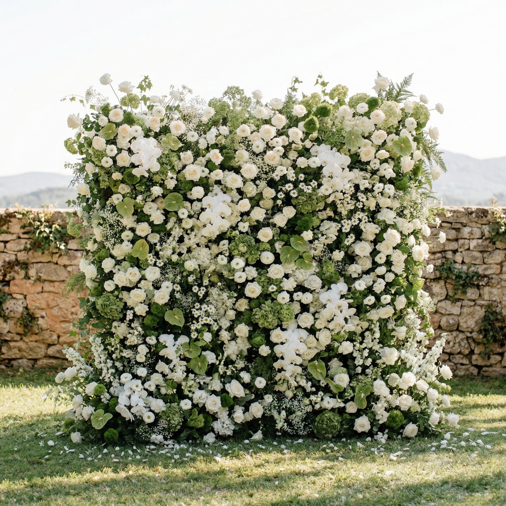 Marellina:5D Green & Ivory White Silk Rose Flower Wall Roll-Up Fabric Backdrop for Romantic Weddings & Proposals Free Shipping