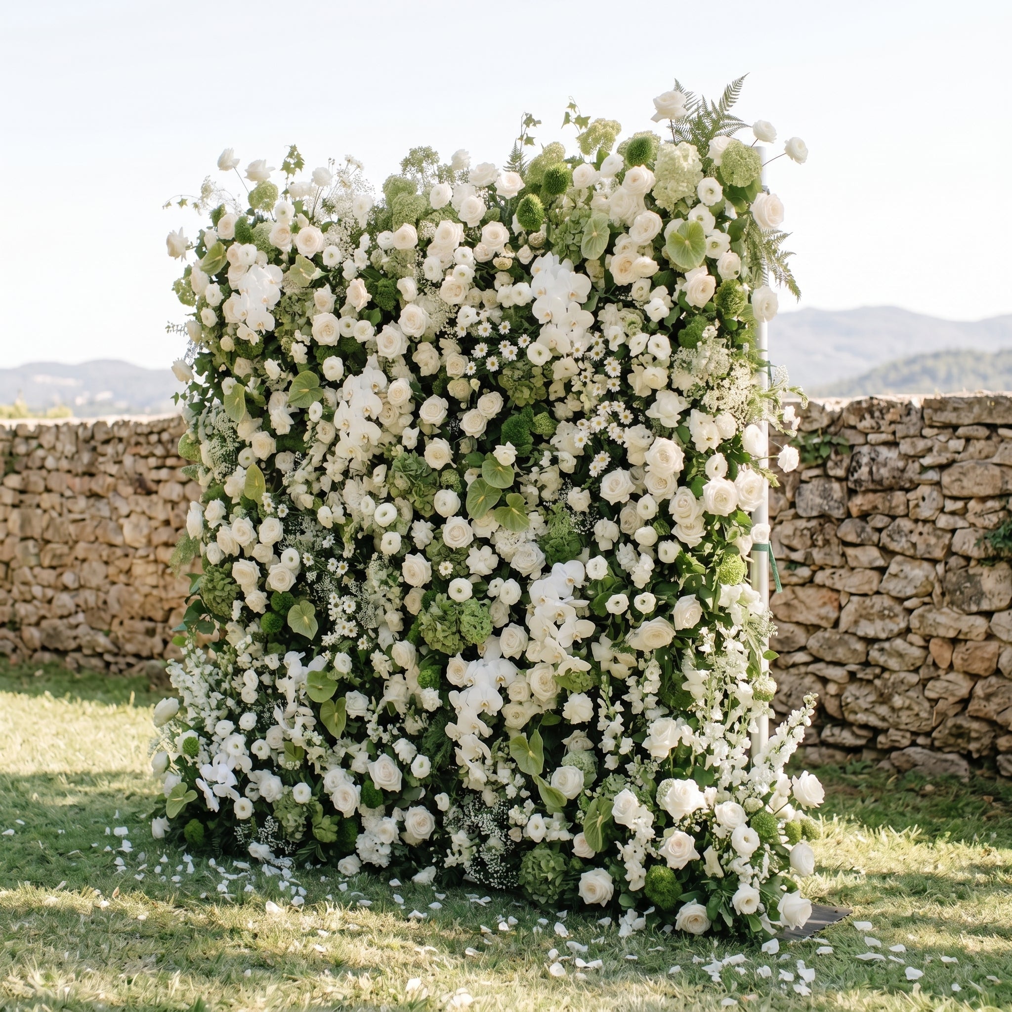 Marellina:5D Green & Ivory White Silk Rose Flower Wall Roll-Up Fabric Backdrop for Romantic Weddings & Proposals Free Shipping