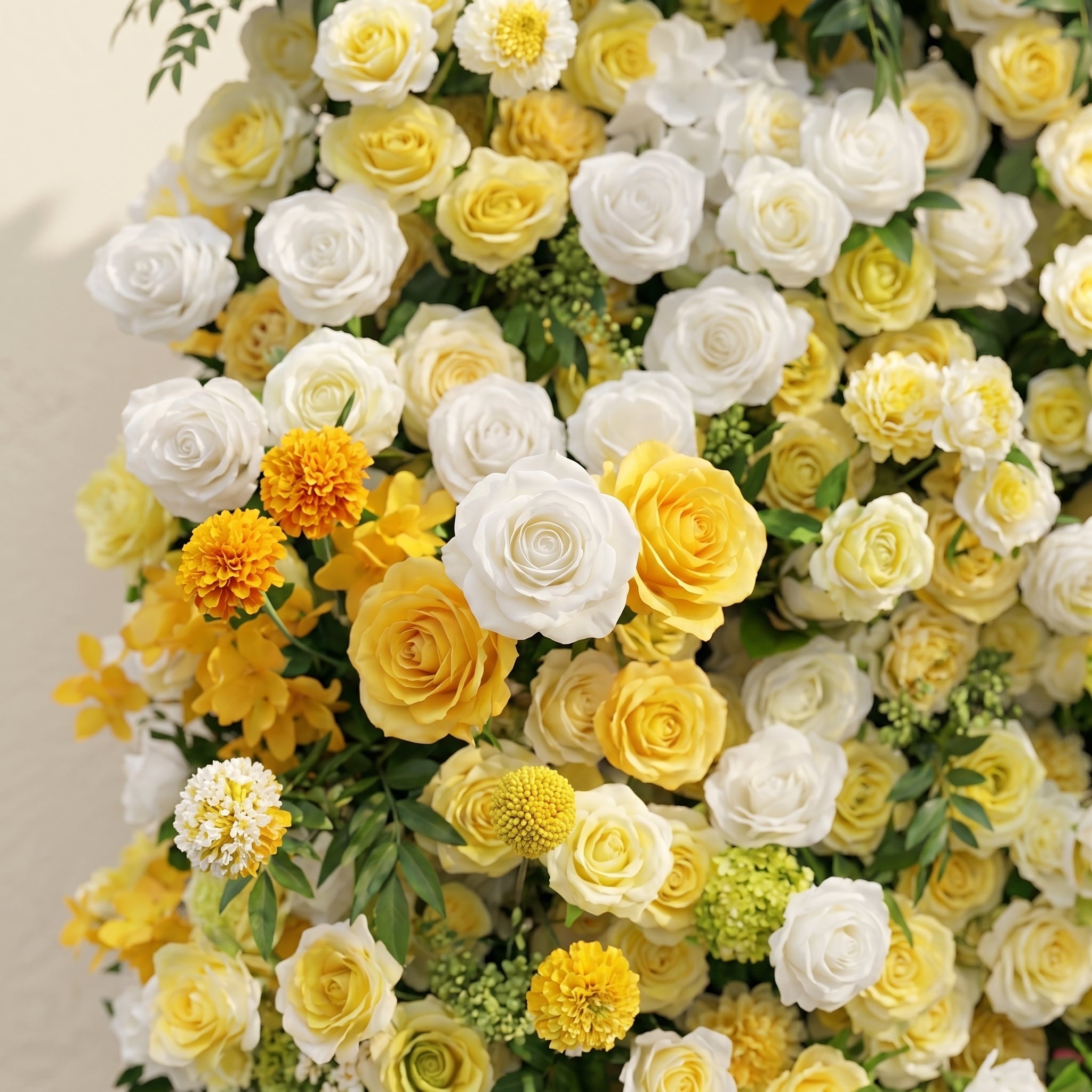 Marellyn:5D Bright Yellow & Ivory White Silk Rose Flower Wall Roll-Up Fabric Backdrop for Romantic Weddings & Proposals Free Shipping