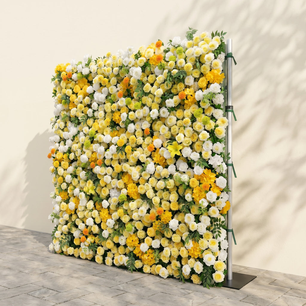 Marellyn:5D Bright Yellow & Ivory White Silk Rose Flower Wall Roll-Up Fabric Backdrop for Romantic Weddings & Proposals Free Shipping