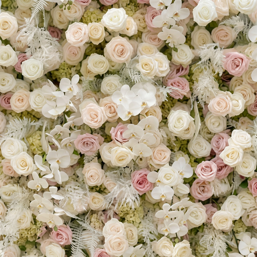 Mavenena:5D Neutral Cream Blush Pink & Ivory White Silk Rose Flower Wall Roll-Up Fabric Backdrop for Romantic Weddings & Proposals Free Shipping