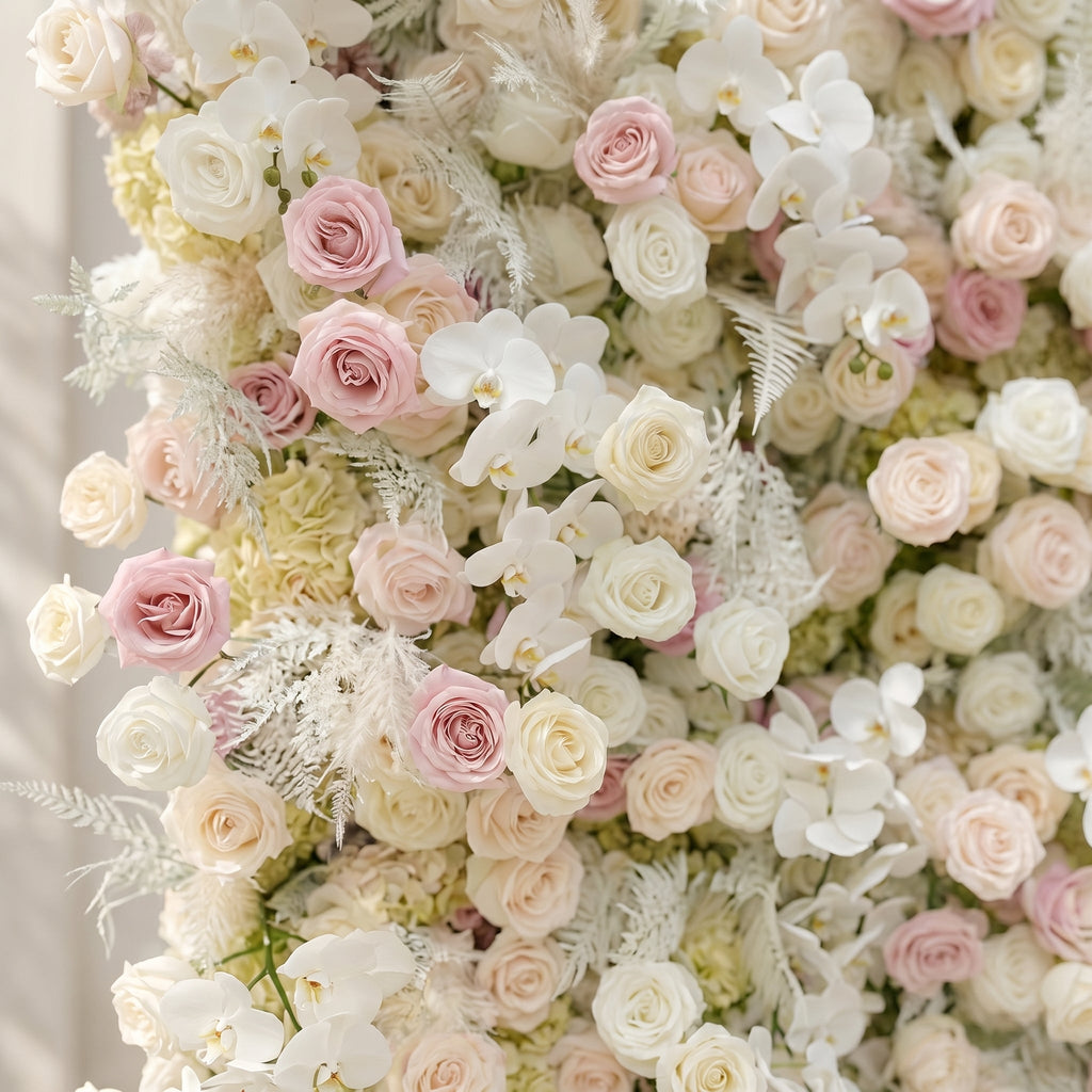 Mavenena:5D Neutral Cream Blush Pink & Ivory White Silk Rose Flower Wall Roll-Up Fabric Backdrop for Romantic Weddings & Proposals Free Shipping