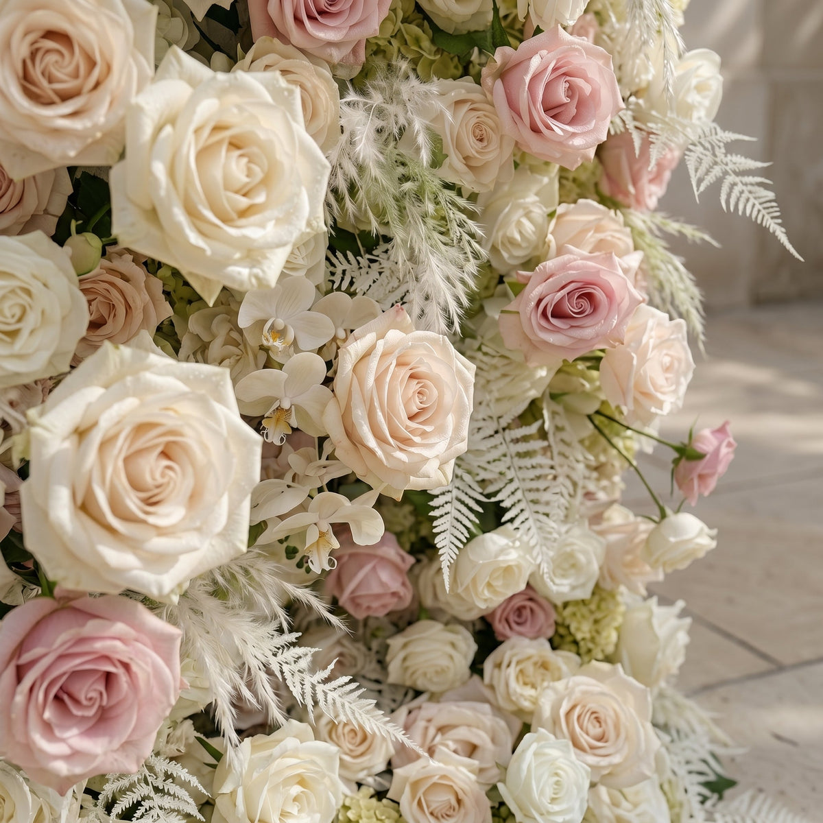 Mavenena:5D Neutral Cream Blush Pink & Ivory White Silk Rose Flower Wall Roll-Up Fabric Backdrop for Romantic Weddings & Proposals Free Shipping