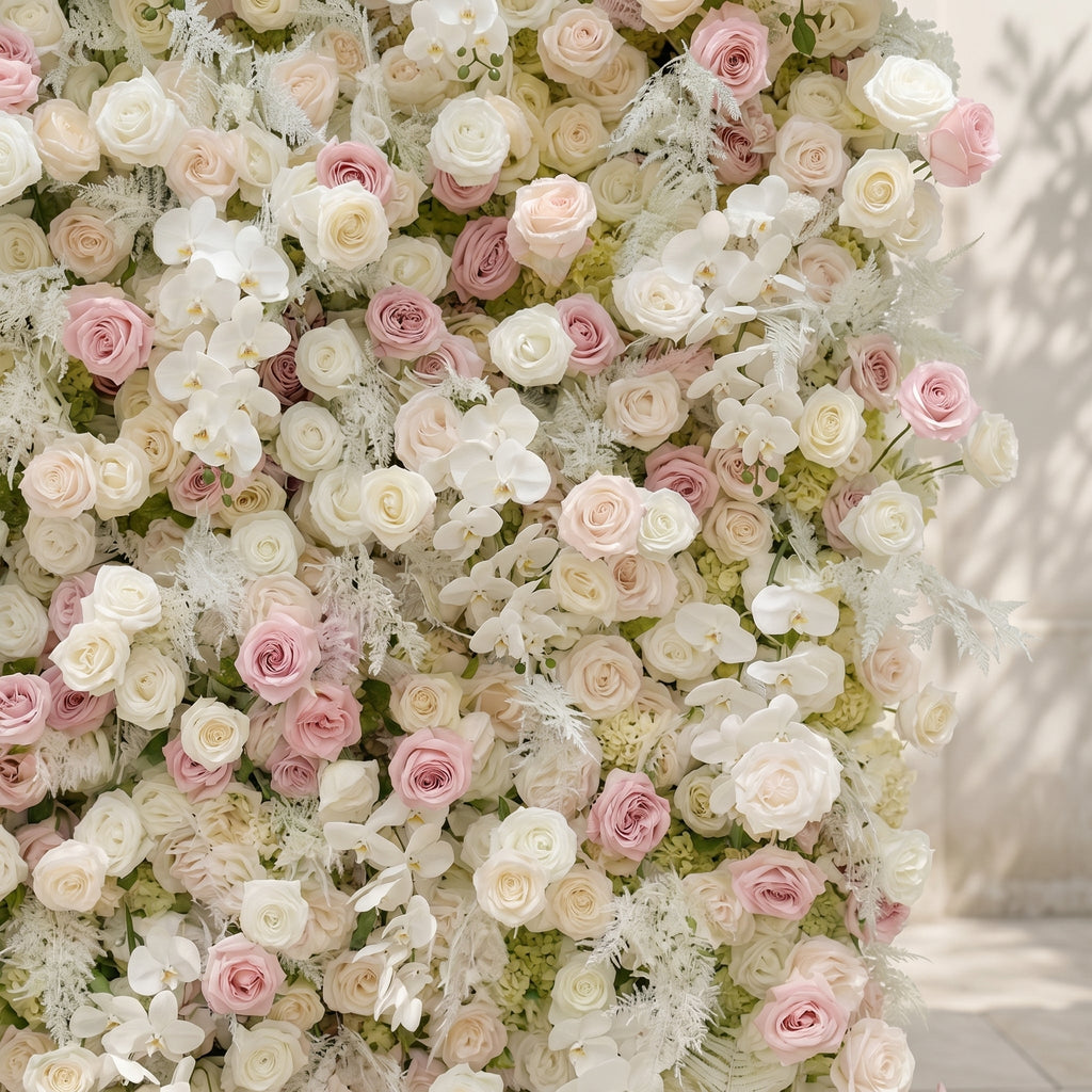 Mavenena:5D Neutral Cream Blush Pink & Ivory White Silk Rose Flower Wall Roll-Up Fabric Backdrop for Romantic Weddings & Proposals Free Shipping