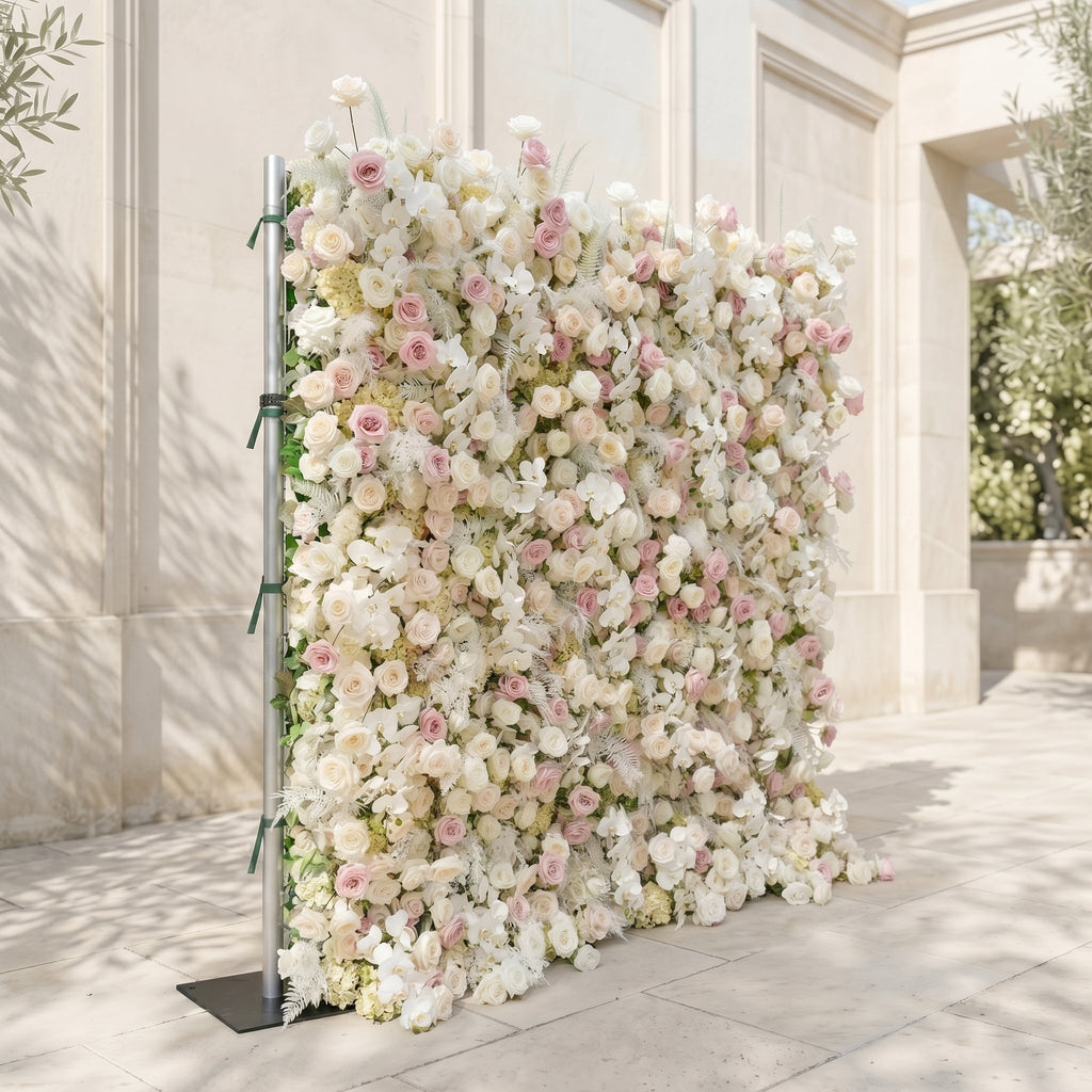 Mavenena:5D Neutral Cream Blush Pink & Ivory White Silk Rose Flower Wall Roll-Up Fabric Backdrop for Romantic Weddings & Proposals Free Shipping