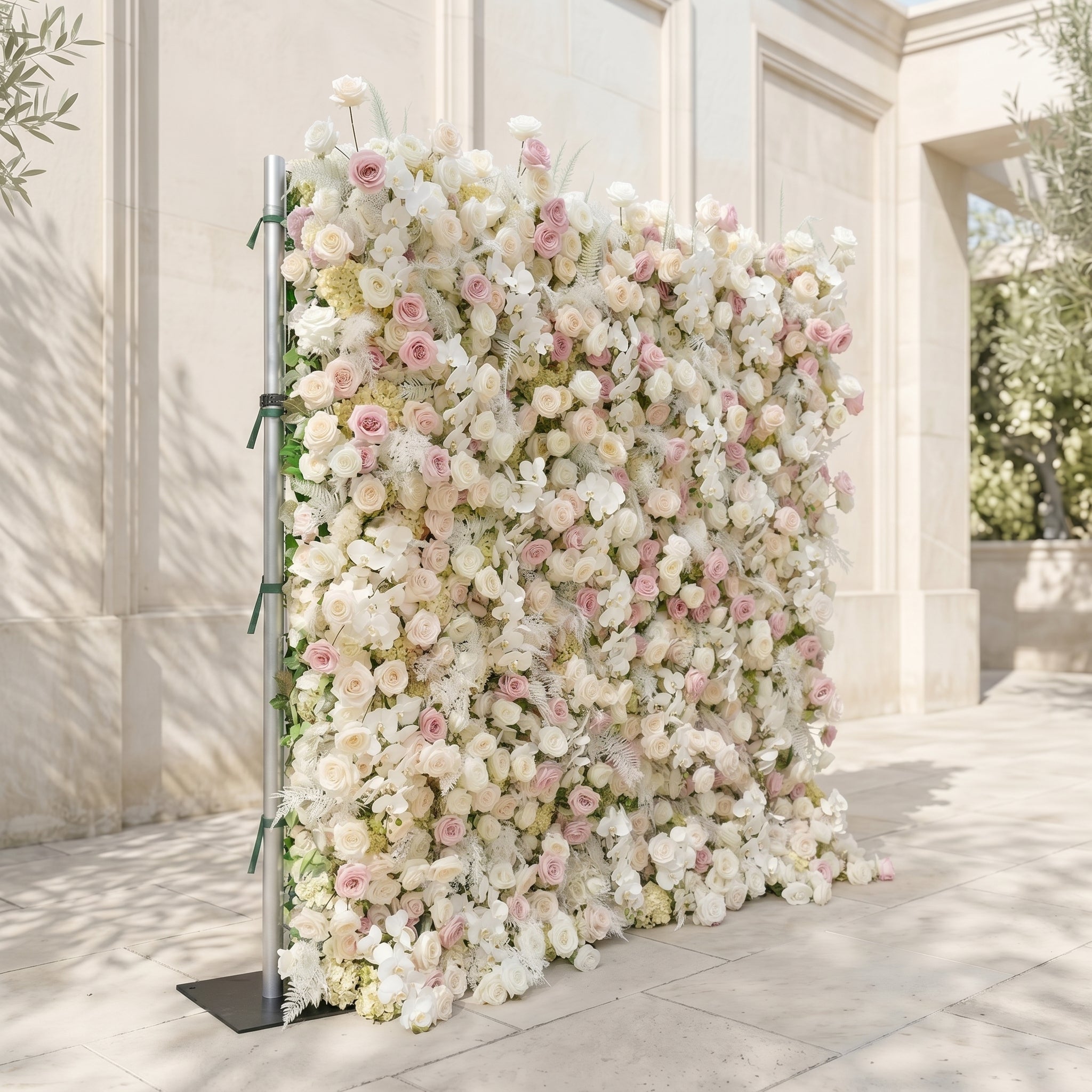 Mavenena:5D Neutral Cream Blush Pink & Ivory White Silk Rose Flower Wall Roll-Up Fabric Backdrop for Romantic Weddings & Proposals Free Shipping