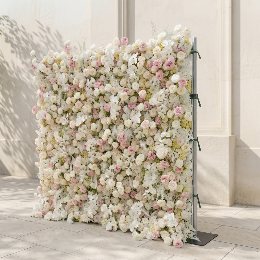 Mavenena:5D Neutral Cream Blush Pink & Ivory White Silk Rose Flower Wall Roll-Up Fabric Backdrop for Romantic Weddings & Proposals Free Shipping