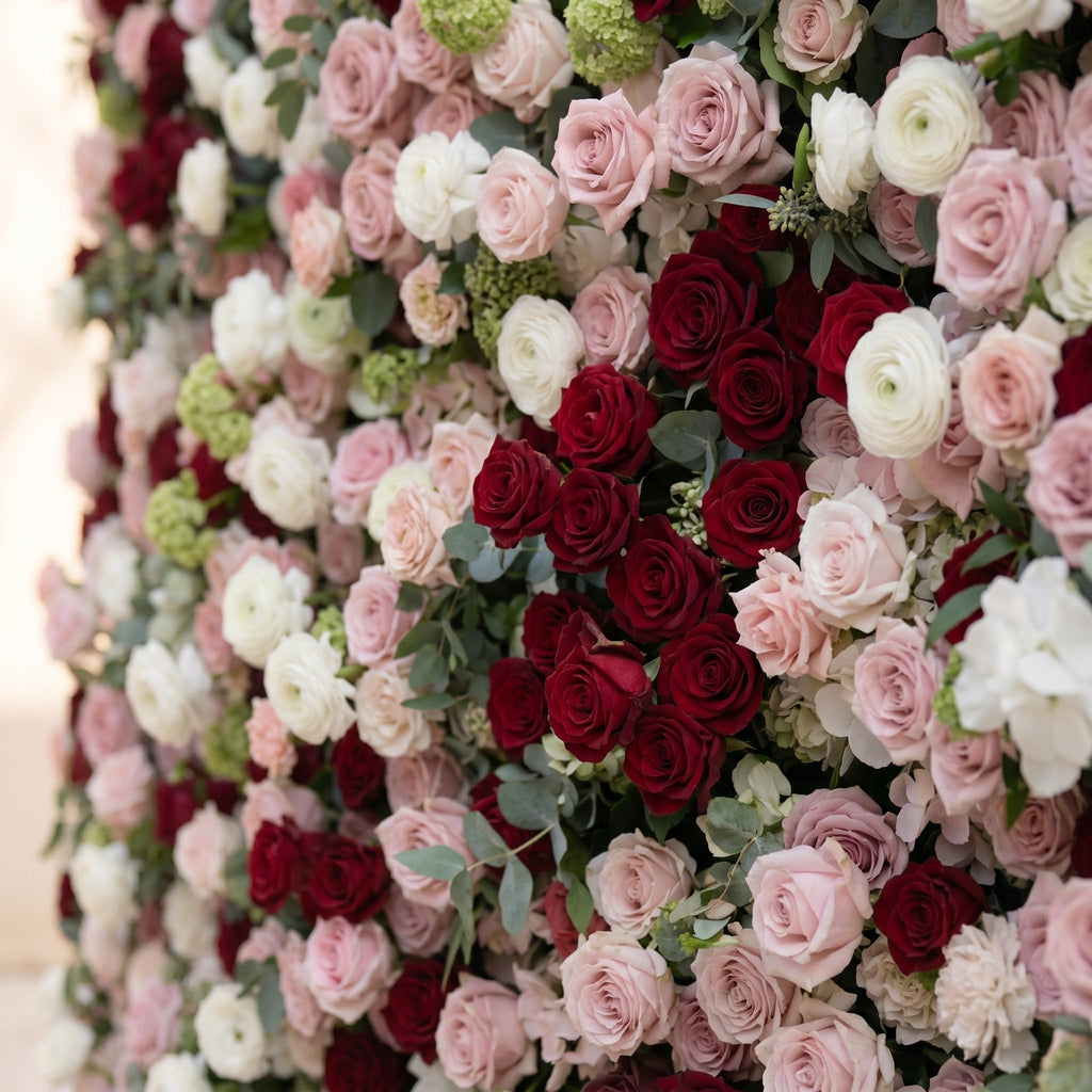 Mavenrella:5D Burgundy Red, Blush Pink & Ivory White Silk Rose Flower Wall Roll-Up Fabric Backdrop for Romantic Weddings & Proposals Free Shipping