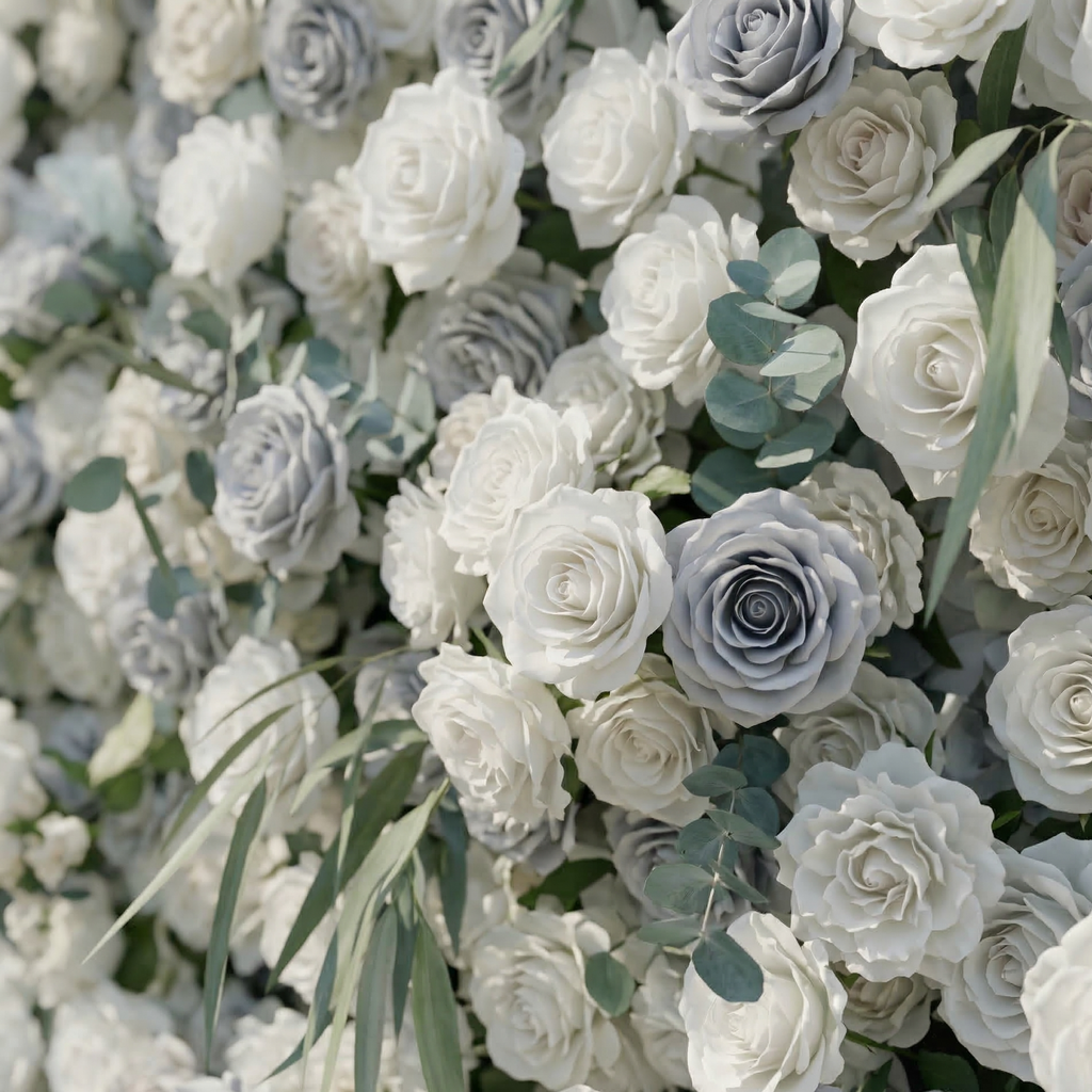 Mireli: 5D Dusty Blue and Ivory Silk Rose Flower Wall Roll-Up Fabric Backdrop for Elegant Weddings & Events Free Shipping