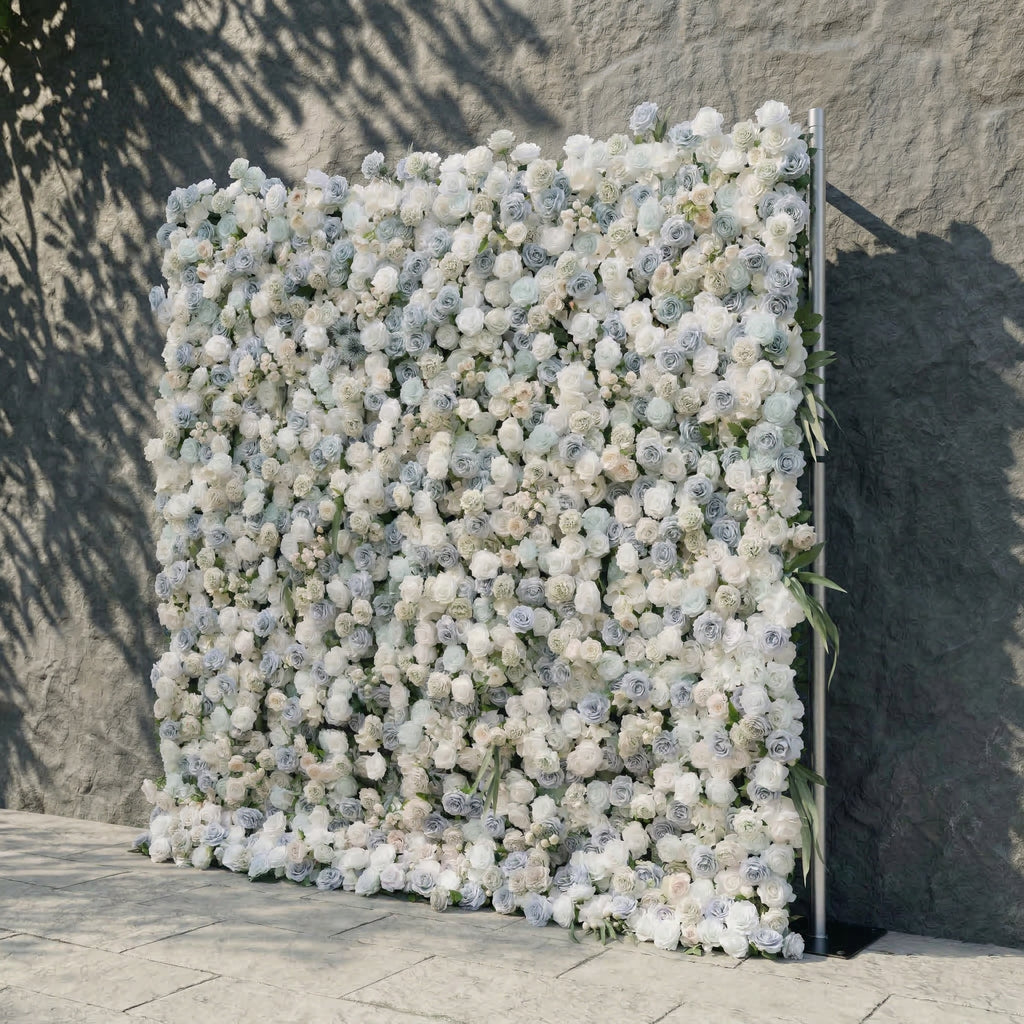 Mireli: 5D Dusty Blue and Ivory Silk Rose Flower Wall Roll-Up Fabric Backdrop for Elegant Weddings & Events Free Shipping