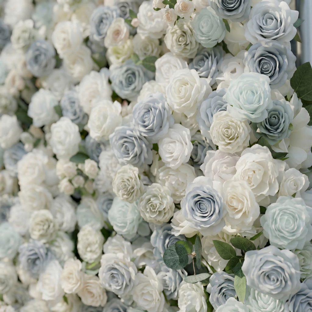 Mireli: 5D Dusty Blue and Ivory Silk Rose Flower Wall Roll-Up Fabric Backdrop for Elegant Weddings & Events Free Shipping