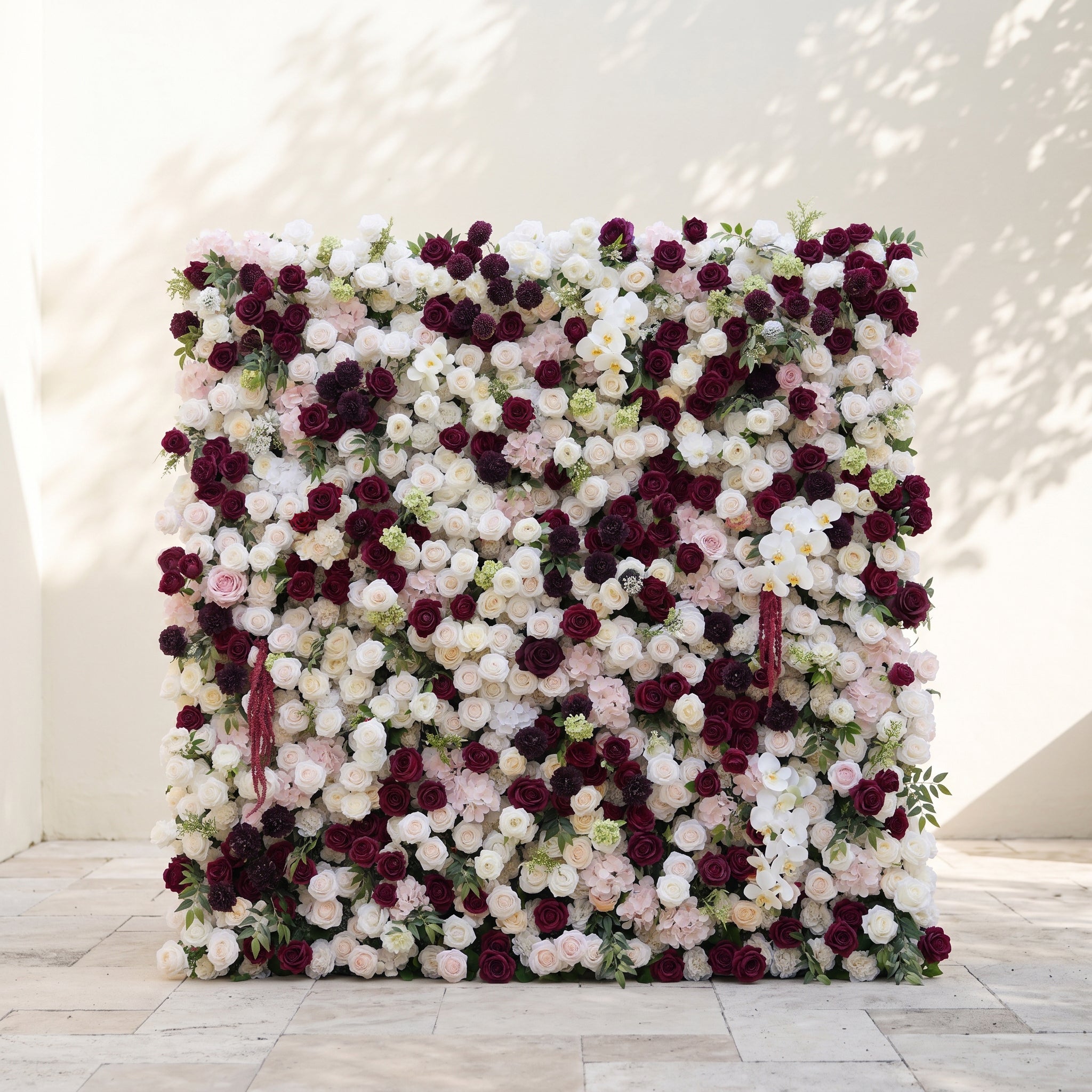 Mirenorae: Luxury 5D Burgundy Red & Ivory White Silk Floral Wall Roll-Up Fabric Backdrop for Grand Weddings Free Shipping