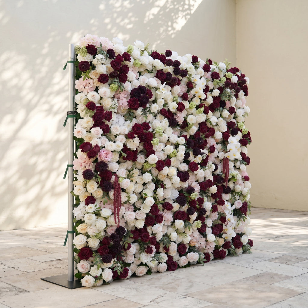 Mirenorae: Luxury 5D Burgundy Red & Ivory White Silk Floral Wall Roll-Up Fabric Backdrop for Grand Weddings Free Shipping