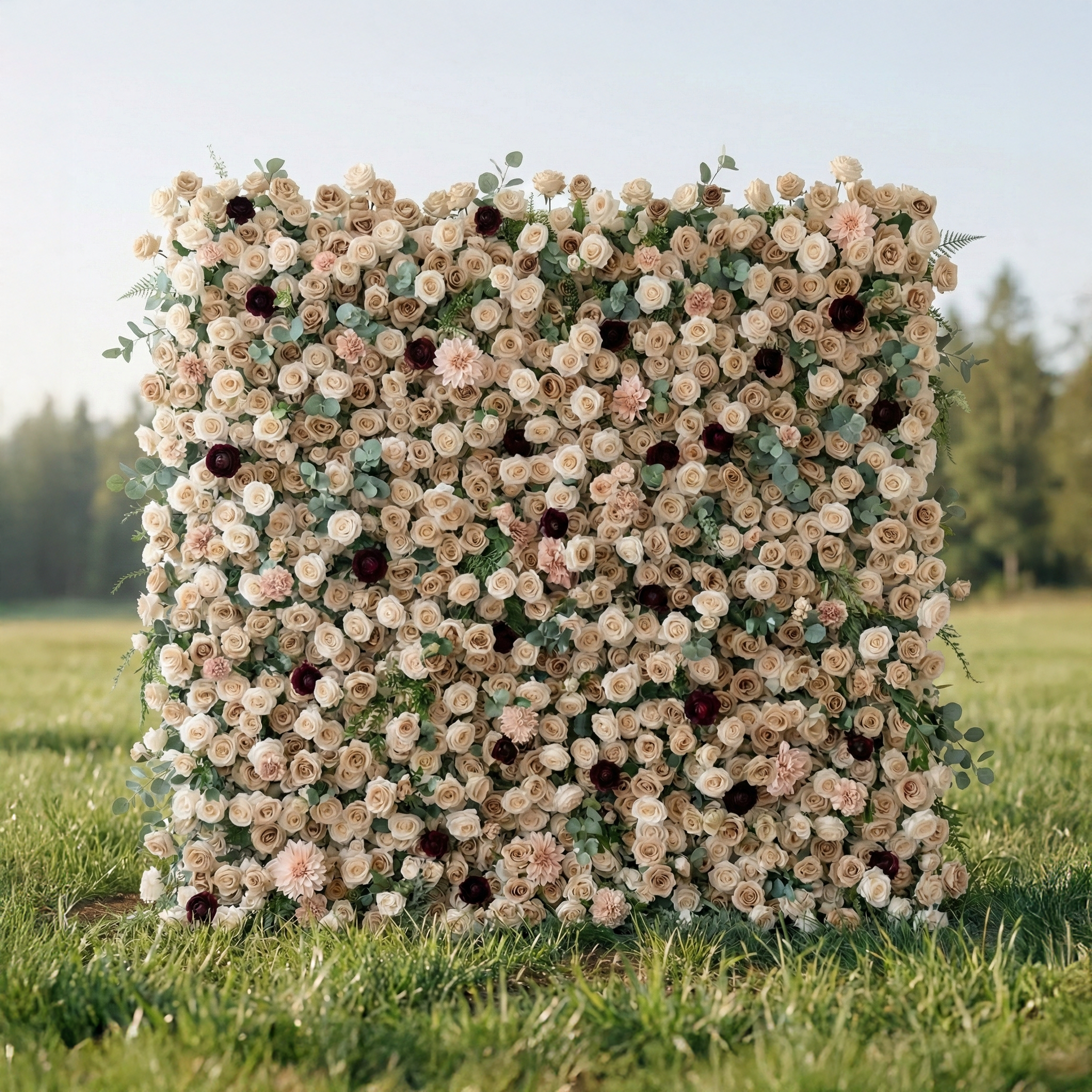 Mireya: 5D Elegant Champagne & Burgundy Silk Rose Flower Wall Roll-Up Fabric Backdrop for Luxury Weddings & Garden Parties Free Shipping