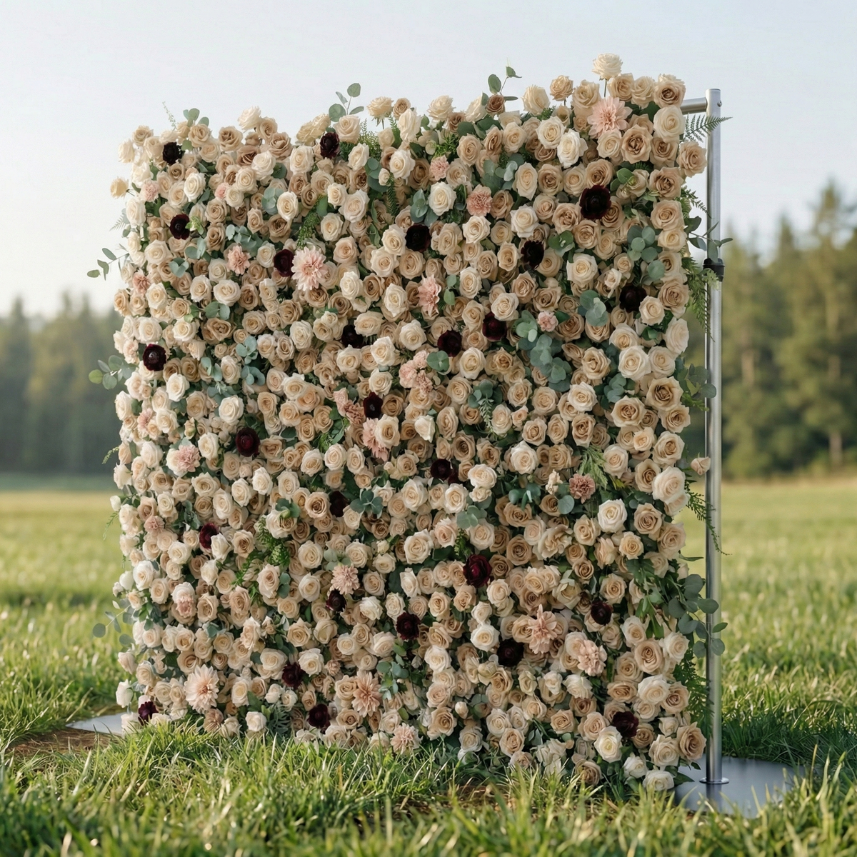 Mireya: 5D Elegant Champagne & Burgundy Silk Rose Flower Wall Roll-Up Fabric Backdrop for Luxury Weddings & Garden Parties Free Shipping