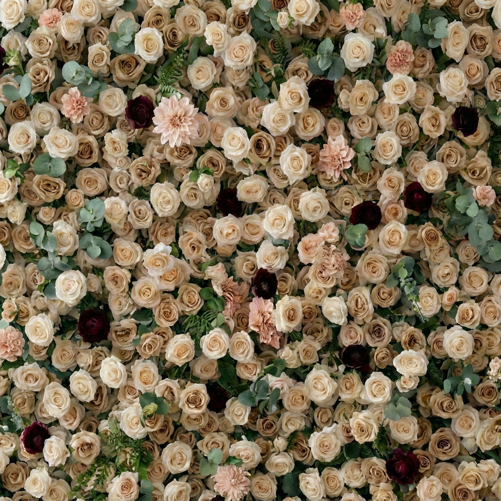 Mireya: 5D Elegant Champagne & Burgundy Silk Rose Flower Wall Roll-Up Fabric Backdrop for Luxury Weddings & Garden Parties Free Shipping