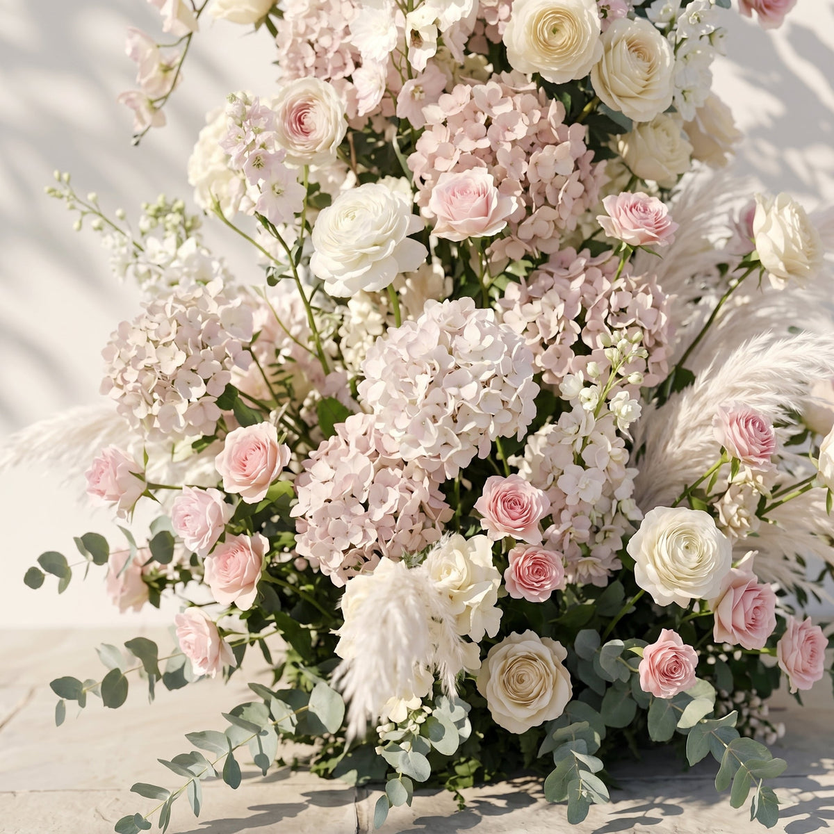 Morlora: Luxury Cream Ivory White, Soft Blush Pink Silk Floral Ground Horn Arch Arrangement with Soft Pampas Grass & Lush Cascading Eucalyptus Greenery for Romantic Minimalist Weddings & Garden Event Decor Including Frame